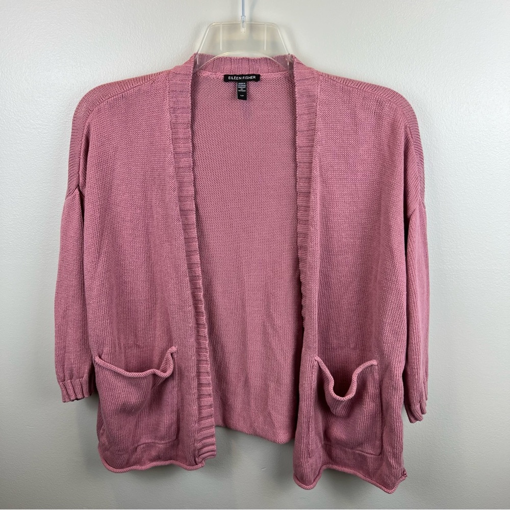 Eileen Fisher open front cardigan with 3/4 length sleeves. Size Small petite